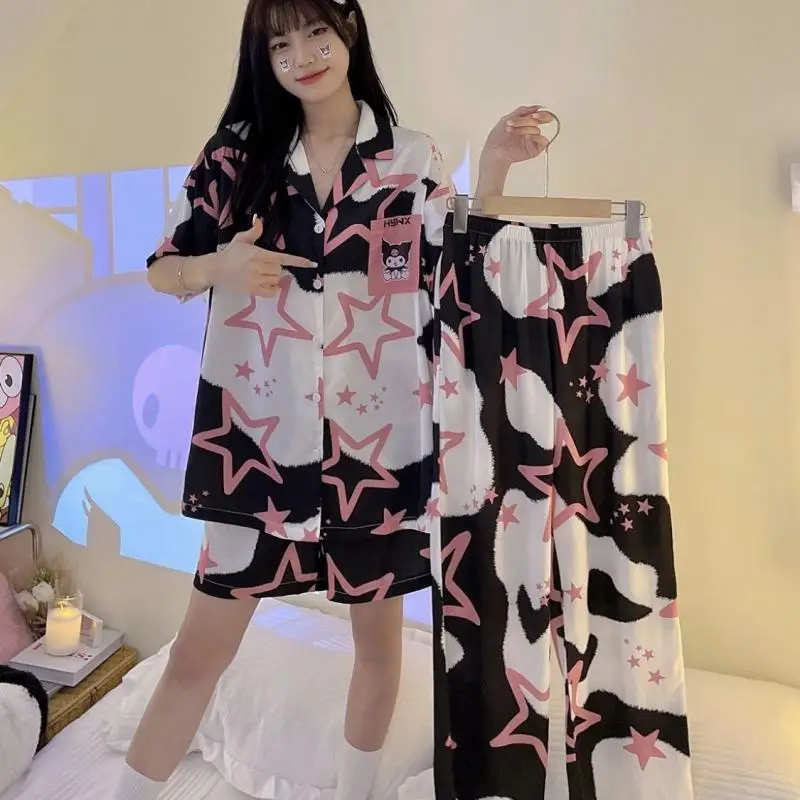 

Пижамы Sanrio, 3 шт., тонкие пижамы Kuromi из ледяного шелка для девочек, летняя домашняя одежда с короткими рукавами, весенне-осенние популярные шорты для общежития