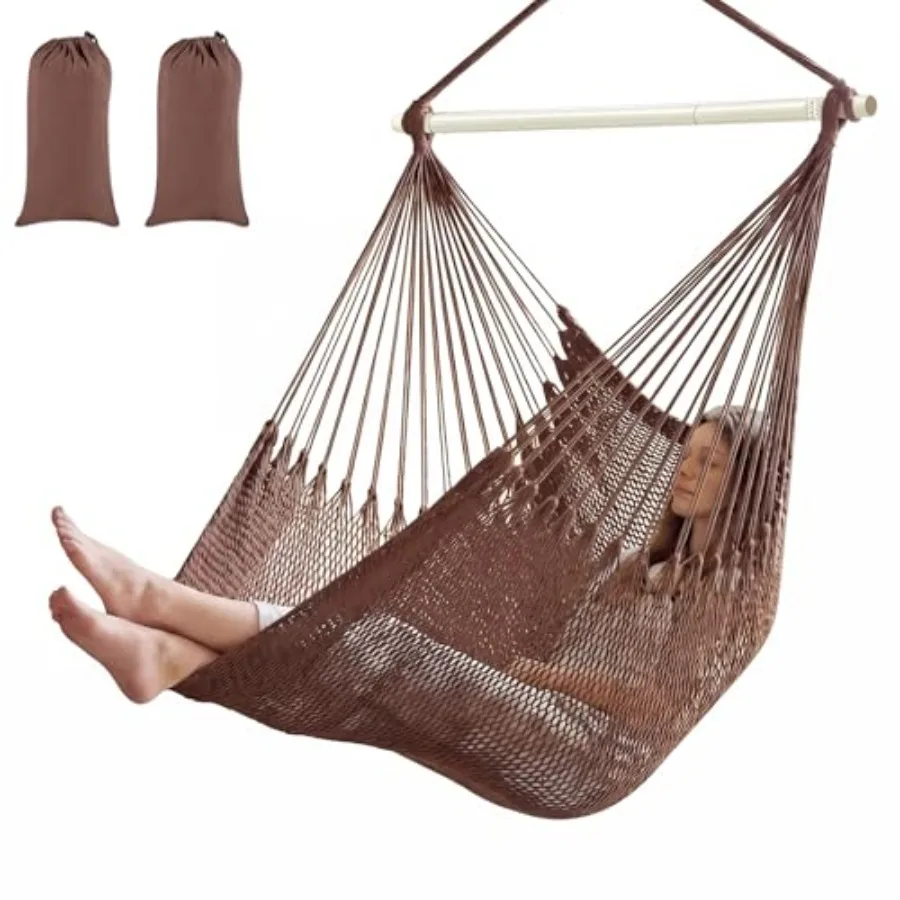 

Hanging Hammock Chair for outdoor indoor use, cotton rope weaving, dark brown, 270lb capacity with detachable 40-inch metal bar
