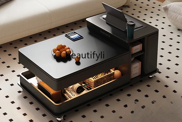 French-Style Multi-Functional Coffee Table Dual-Use Lifting and Foldable Living Room Home Removable Stone Plate