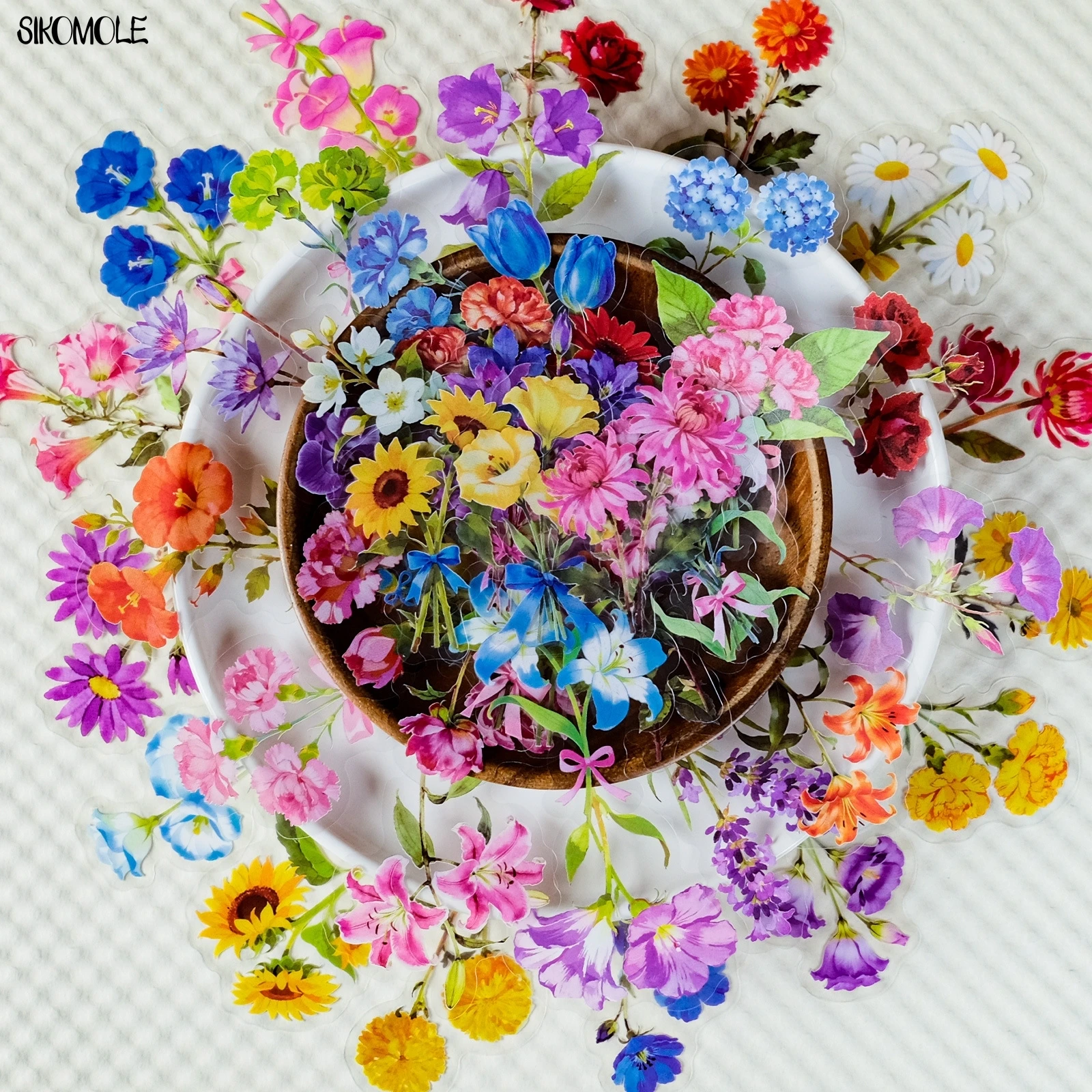 56pcs Transparent Cartoon Colorful Flower Graffiti Stickers Pack Waterproof PET Bookkeeping Material Decorative Notebook Sticker