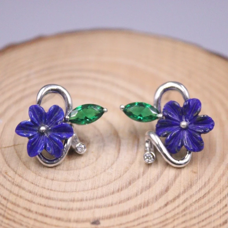 

Real Pure S925 Sterling Silver Stud Women Lucky Gift Lapis Lazuli Flower Green Crystal Earrings