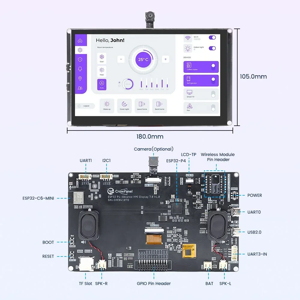 Hot Sale Elecrow CrowPanel Advanced 7inch AI Display 1024x600 7' HMI IPS Touch Screen ESP32-P4| Camera Optional - Free Shipping