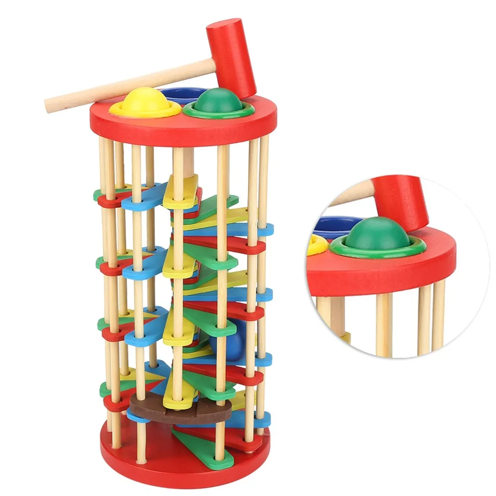 Interactive Colorful Knock Ball Toy Wooden Intelligence Development Ball Drop Game Hammer Action Wooden Ladder Toy Gift