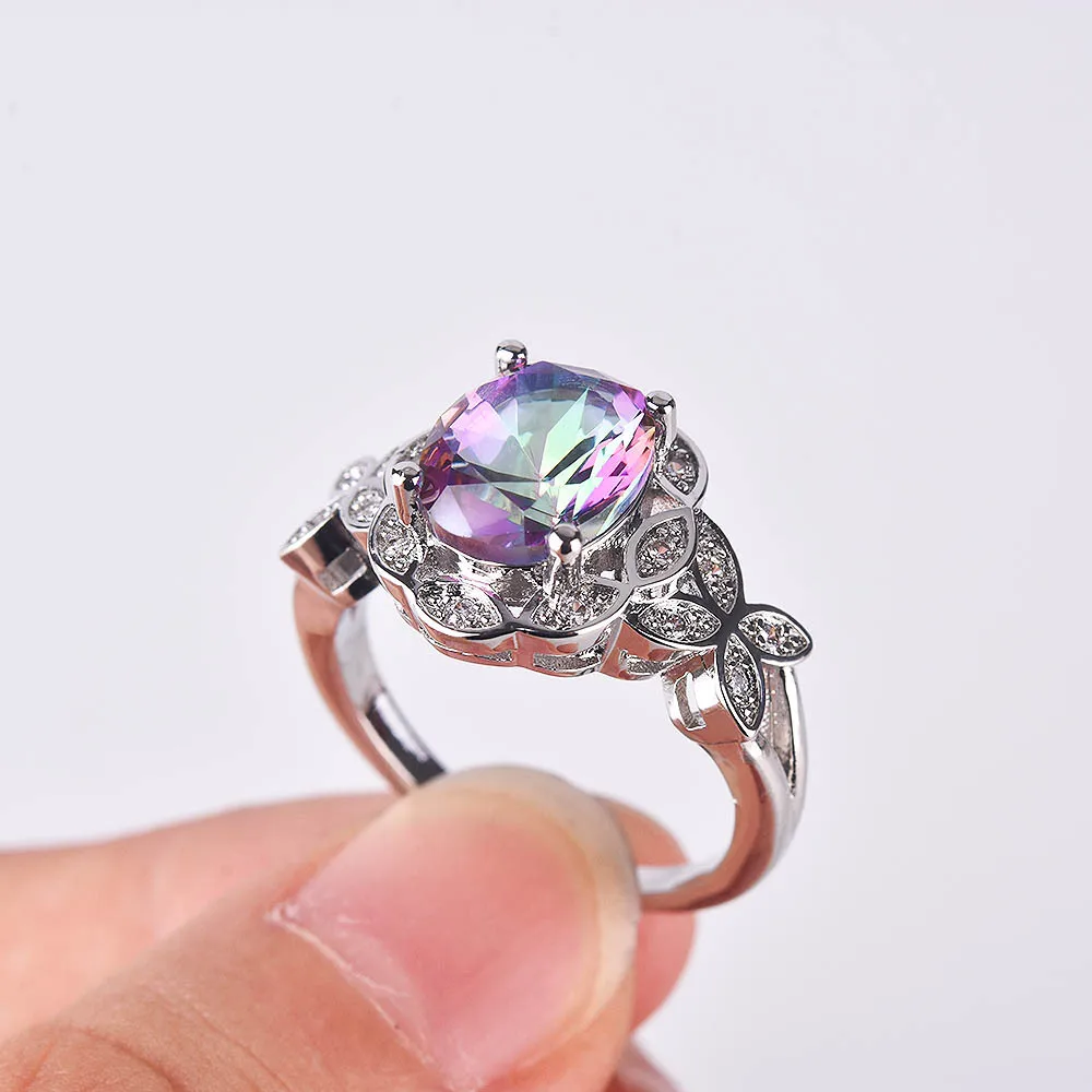 S925 sterling silver ring hot seven rainbow zircon creative gradual change color hollow butterfly topaz