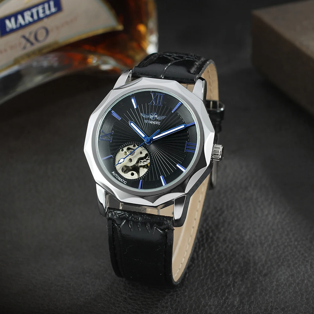 WINNER Fashion Business Mechanical Watches Luxury Irregular Skeleton Automatic Mens Watch Stainless Steel Leather Strap Luminous