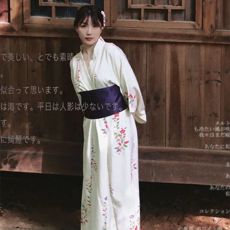 

Oriental Japanese Style Kimono Women with Purple Obi Printed Yukata Haori Cosplay Costume Photography Dress Performing Long Robe