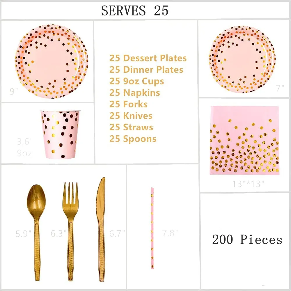 200 PCS Light Pink Gold Dot Tableware Set,Serves 25 Party Girl Baby Shower Birthday Paper Straws Napkins Plates Cups Cutlery Kit