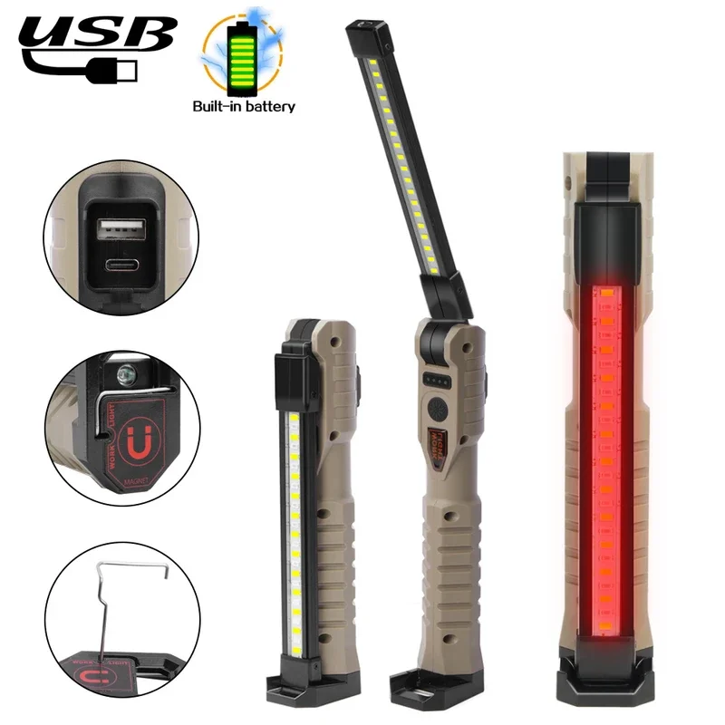 

LED Foldable Work Light USB Rechargeable Flashlight Built-in Battery Magnetic Car Repair Light Hook Tent Lamp