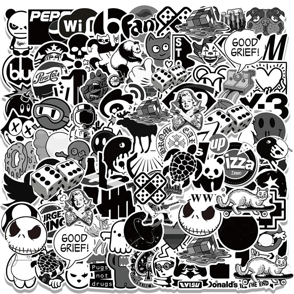 10/30/50/100pcs Black White Fashion Stickers for Notebook Suitcase Car Fridge Aesthetic Cool Cartoon Decals Kid Graffiti Sticker