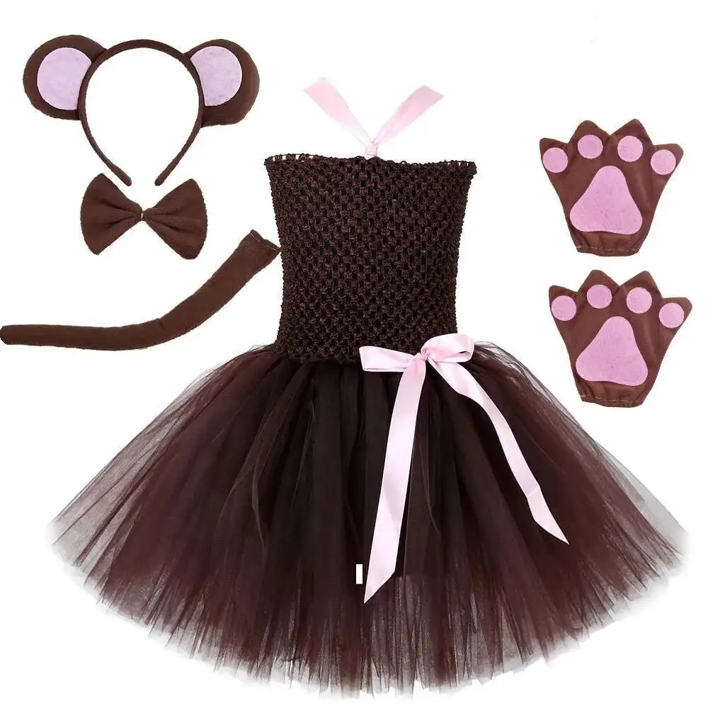 

Baby Girls Pink Brown Monkey Tutu Dress for Kids Toddler Animal Fancy Costumes Children Halloween Outfit with Ears Bow Tie Tail