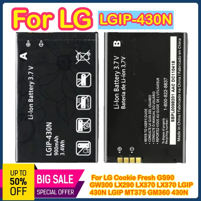 

LGIP-430N 3.7V 900mAh Battery For LG Cookie Fresh GS90 GW300 LX290 LX370 LX370 LGIP 430N LGIP MT375 GM360 430N IP-430N