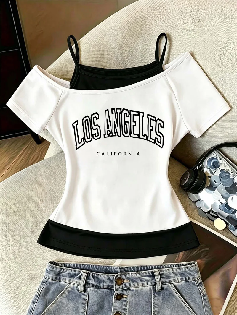 Mode Los Angeles Kalifornien T-Shirt Damen Mode T-Shirt Off-Shoulder 90er Trendy 2000er Grafik Schickes Mädchen T-Shirt Y2k Tops