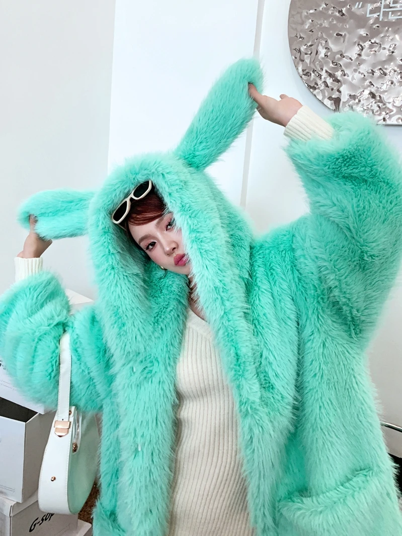 Female Mint Green Faux Fur Coat Long Loose Cute Bunny Ears Hooded Lady Shaggy Outerwear Women\'s Winter Coats Promotion