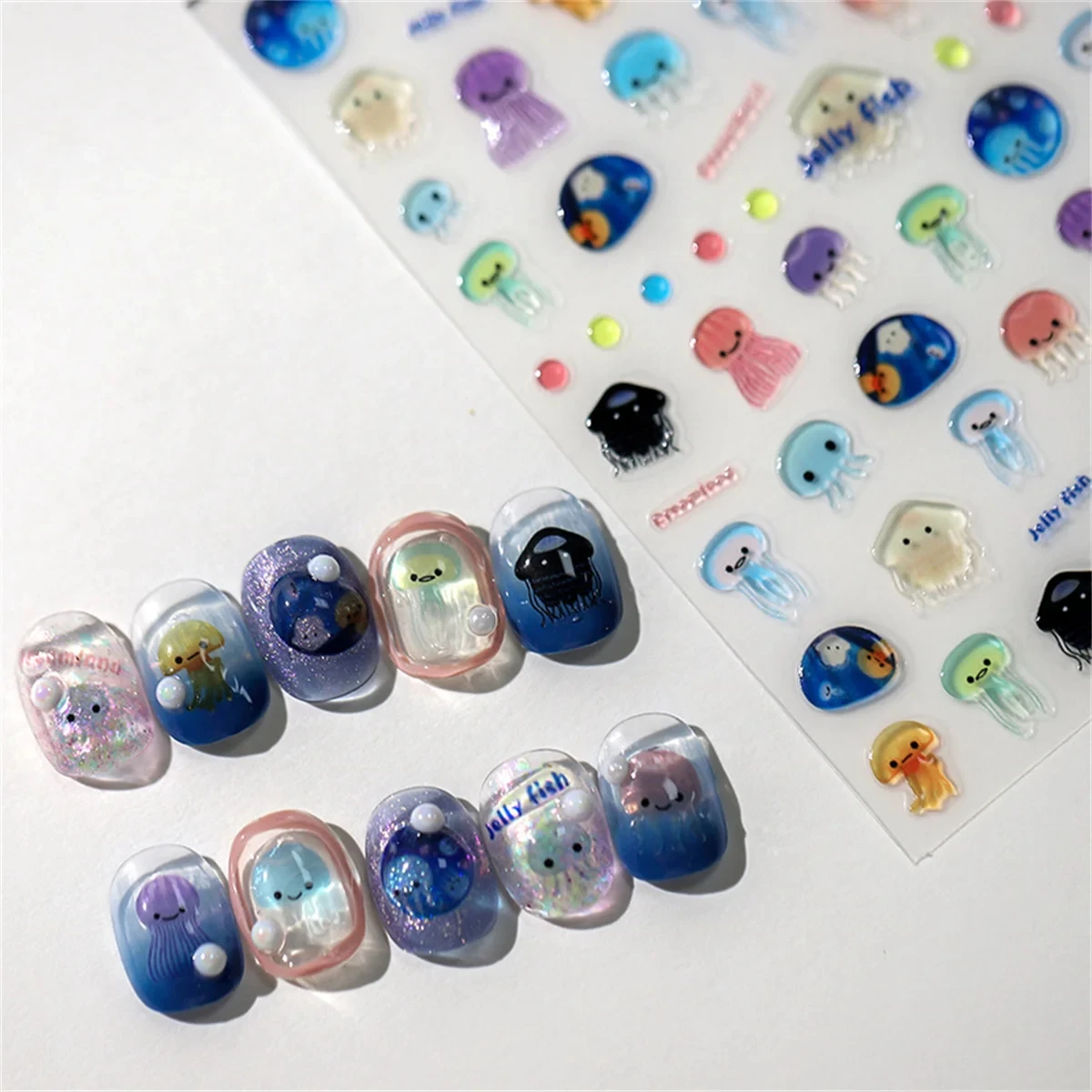 1 pièces 5D Kawaii gelée série Nail Art autocollants bleu méduse adhésif Nail Art décorations autocollants estampage à chaud manucure décalcomanies