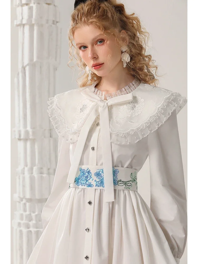 LEOSOXS Autumn Sweet Doll Collar Dresses 2024 Embroidery Beads Contrasting Color Waist Seal White Princess Dress White Dress