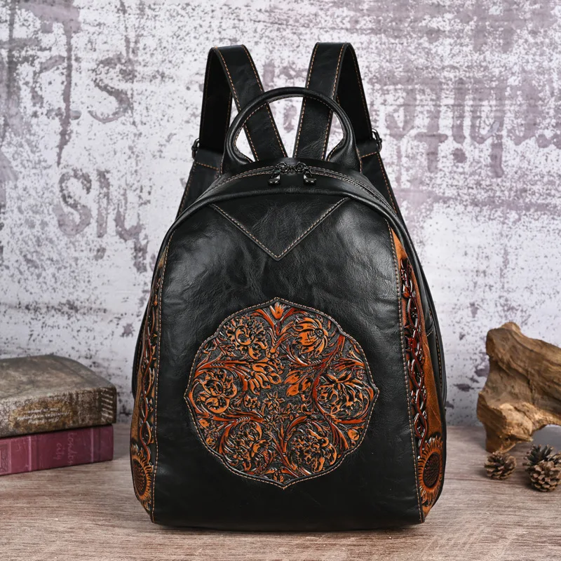 Vintage Women Leather Backpack Floral Female Double Shoulder Bag Functional Chiniese Style Ladies Handbag