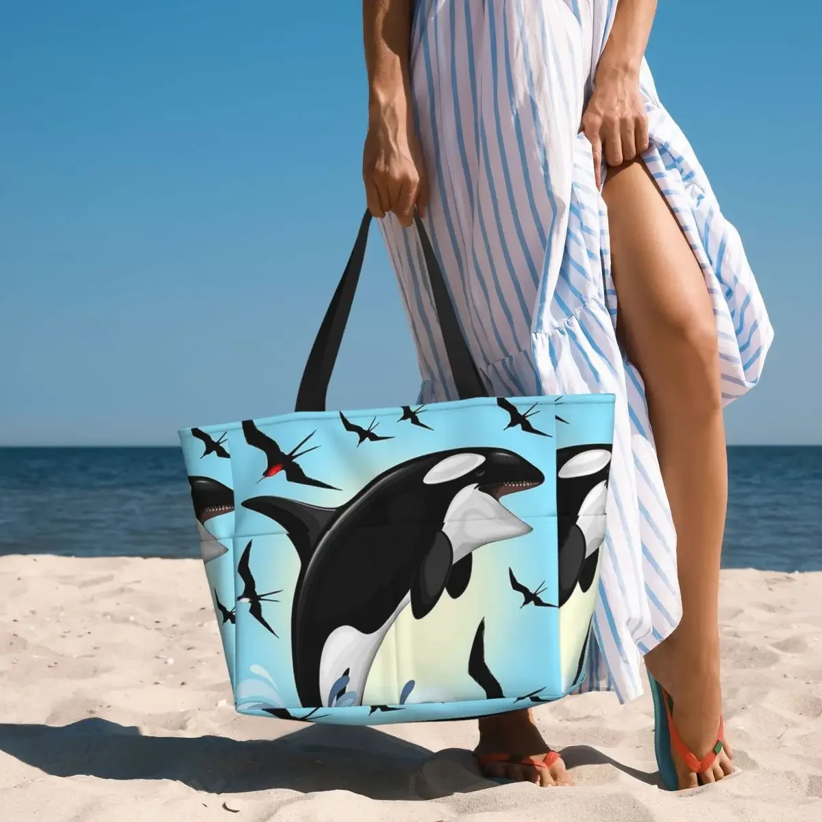 Orca Killer Whale Jumping Out The Ocean Beach Tote Bag Sport Gym Yoga Duffle Large Tote Bag Women Travel Bag Fitness bag
