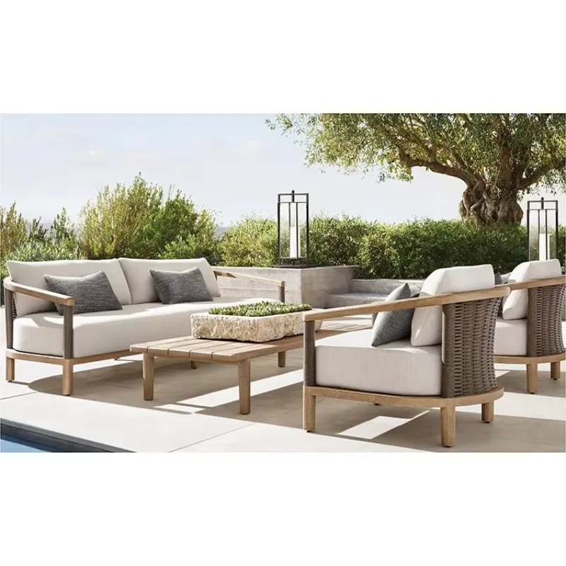 

Роскошный дизайн, всепогодный плетеный комплект, уличный диван из тикового дерева, мебель для отеля, комплект садовой мебели