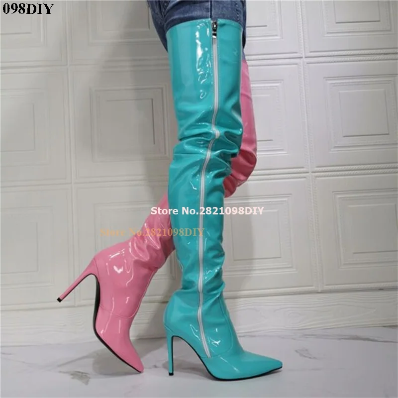 

Mixed Color Patent Leather Pointed Toe Side Long Zip Thigh High Boots Women Pointy Toe Stilettos Shoes Long Booties