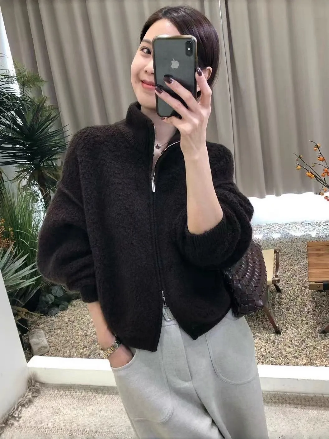 한국 슬레 티엔드 더블 지퍼 파티클 페이스 자켓 여성용 겨울 슬림핏 패셔너블 스웨터 또는 아우터웨어