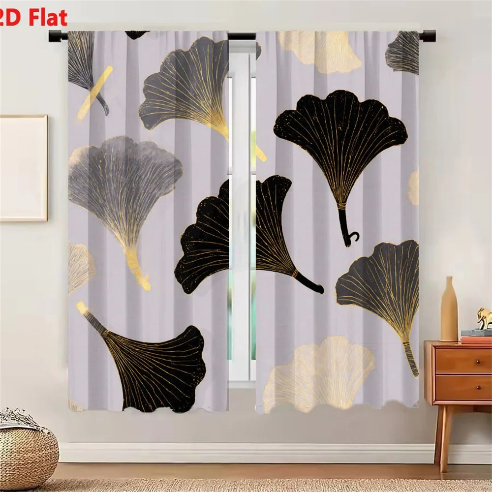 2Pcs Curtains 2D Flat Seamless Pattern Ginkgo Leaves On Light Gray Pale Lavender Background With Black Gray White Leaves Gold Ve