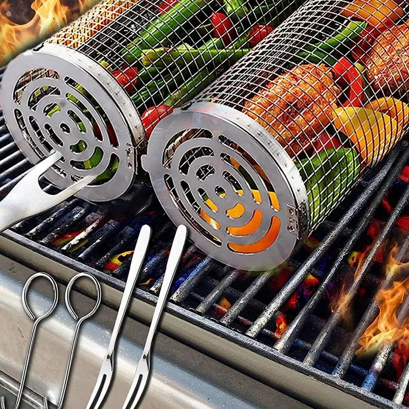 2 Pcs Stainless Steel Round Mesh Barbecue Wire Cylinder Cage Picnic Fit For Vegetables, Meats, Or Instant Meals