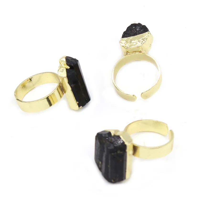 Trendy-beads Yellow Gold Color Resizable Irregular Shape Black Tourmaline Crystal Stone Men Ring For Father\'s Day Gift Jewelry