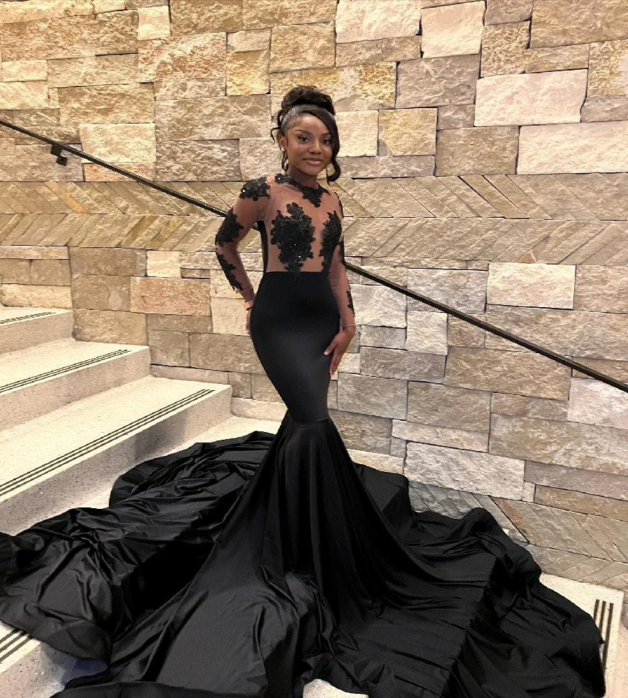 Graceful Black Girls Prom Dress With Lace See Through Mermaid Long Sleeve Evening Dress 2025 Birthday Occasion Party Customized