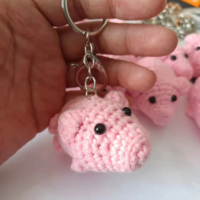 New Creative Cartoon Hand-crocheted Pink Piggy Keychain Bag Pendant Woolen Animal Keychain