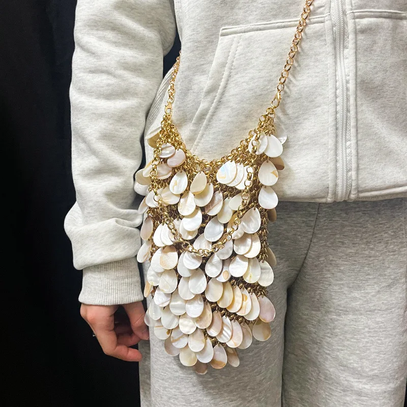 

Handcrafted Tassel Handbag Mermaid Ocean Beach Vacation Style Women's Chain Purse Casual Minimalist Style Open Top