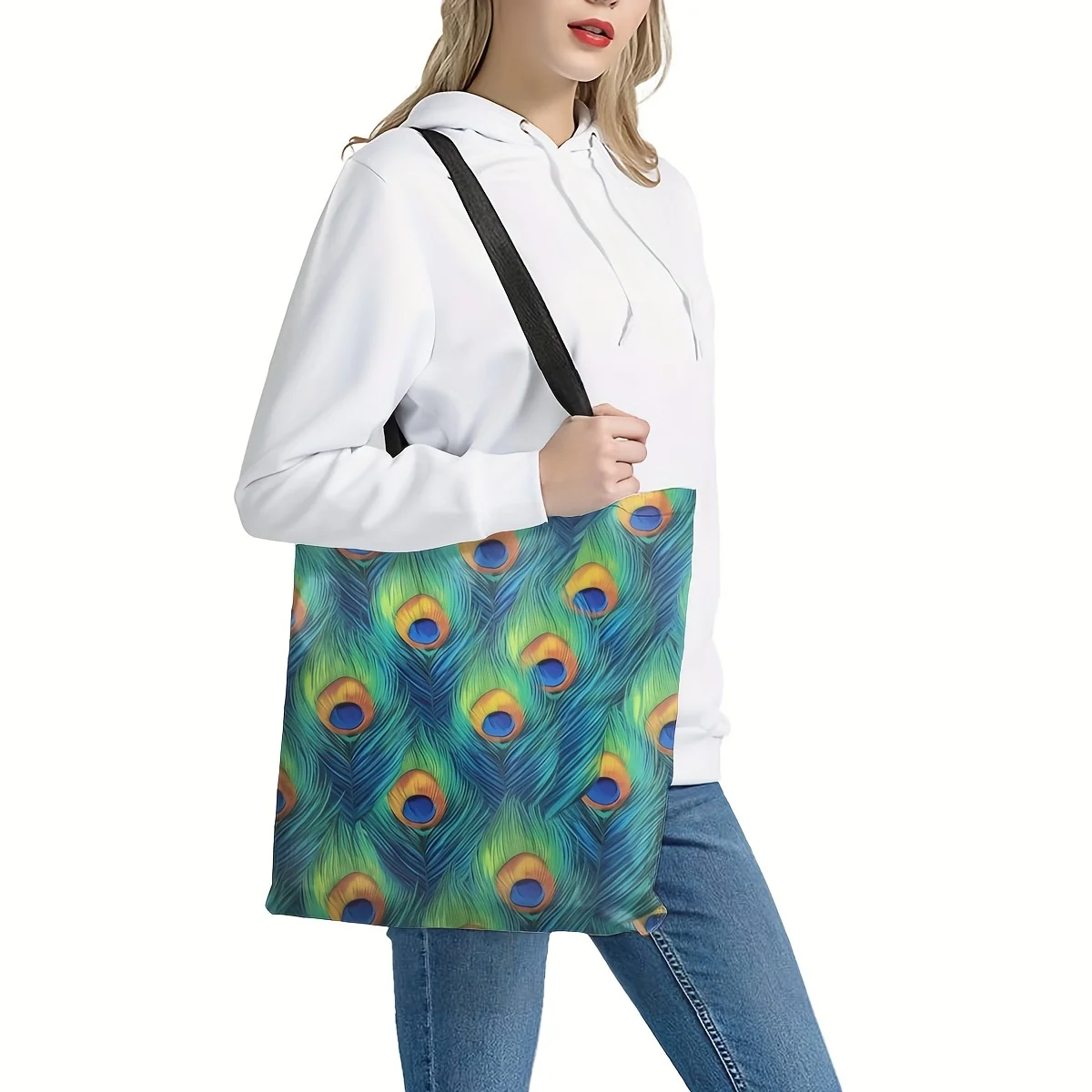 Classic Peacock Feather Pattern Shoulder Bag, All-Match Versatile Shopping Handbag, Lightweight Carry All Daily Use Bag