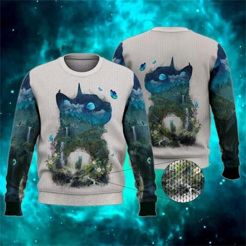 

Funny Cat Graphic Ugly Sweatshirt For Men Fashion Autumn Long Sleeve 3D Printed Christmas Sweater Loose Streetwear Pullovers