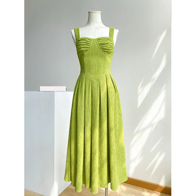 2022 New French Retro Fashionable Avocado Green White and Thin Sling Can Hang Neck Two-wear Dress Long Skirt