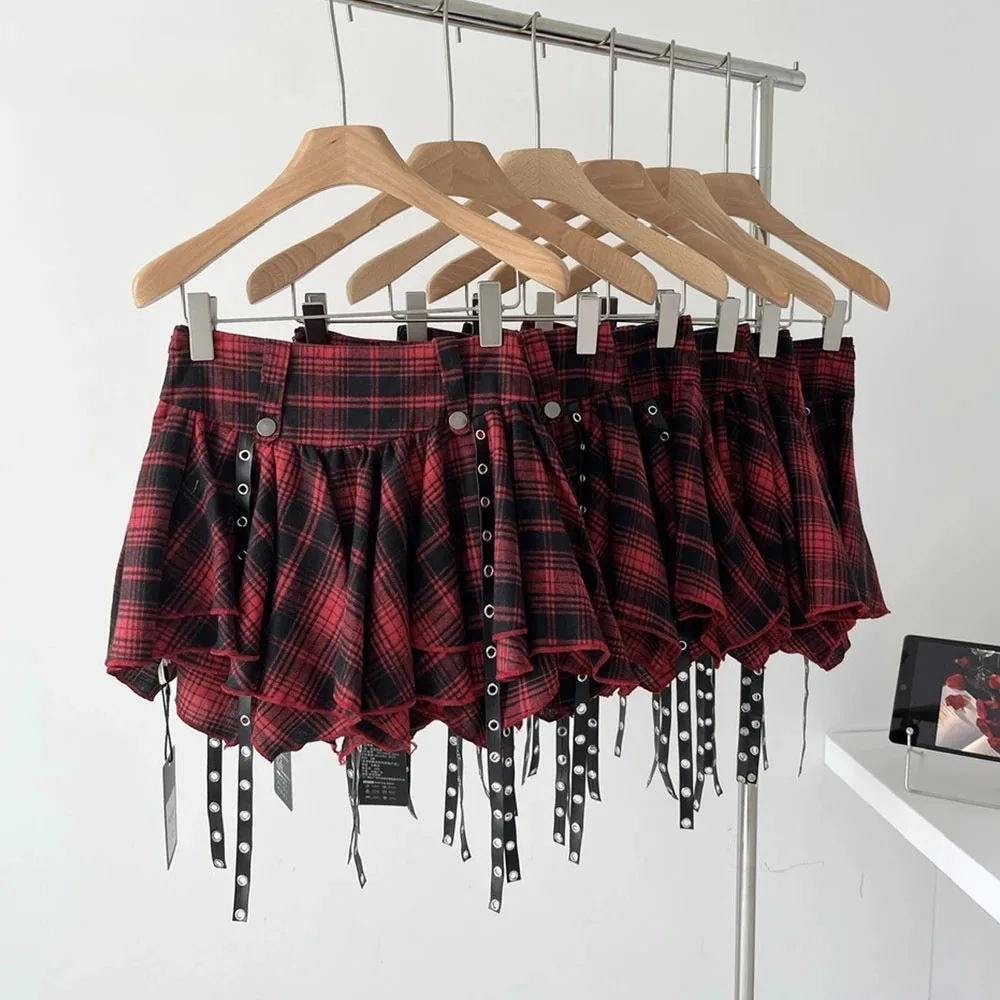 

Irregular Pleated A Line Gothic Harajuku Rock Punk Skirt Subcultures Red Preppy Style Skater 2000s Y2k Plaid Print Mini Skirts