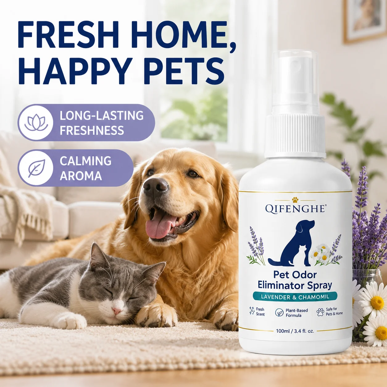 Pet Odor Eliminator Spray Neutralize Bad Smells Long‑Lasting Fresh Calming Scent Safe For Cats Dogs Home Use