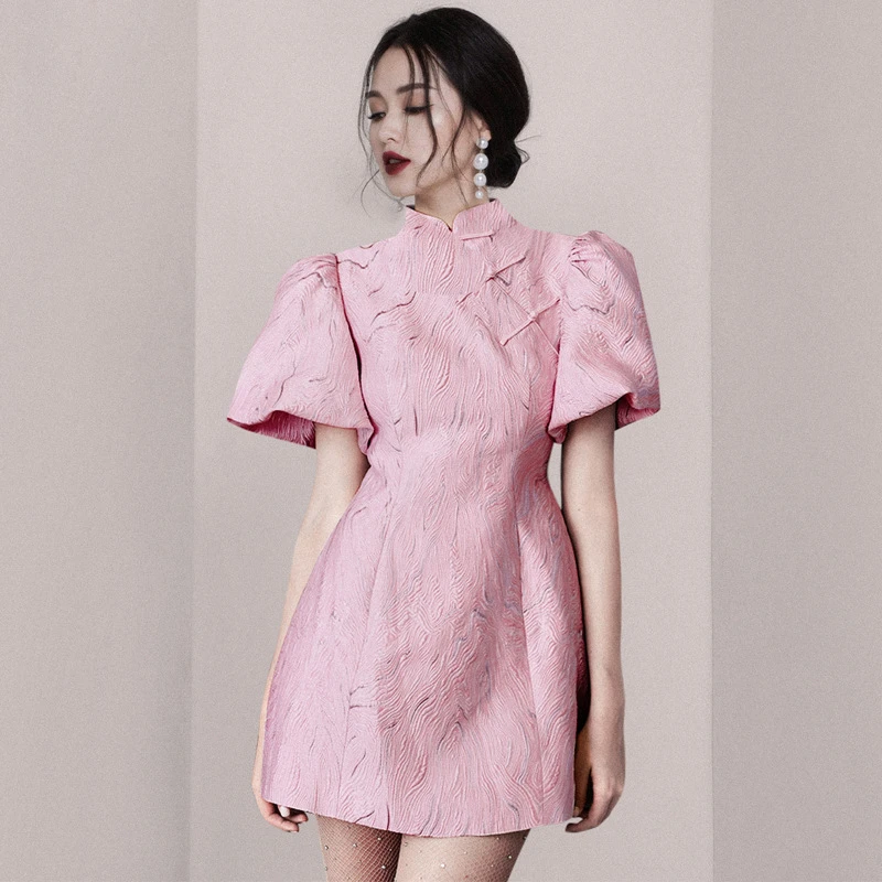 

Retro Chinese Sle Bubble Sve Qipao Dr Young Girl Design Pink Ele Modified Traditional ort Sve Dr