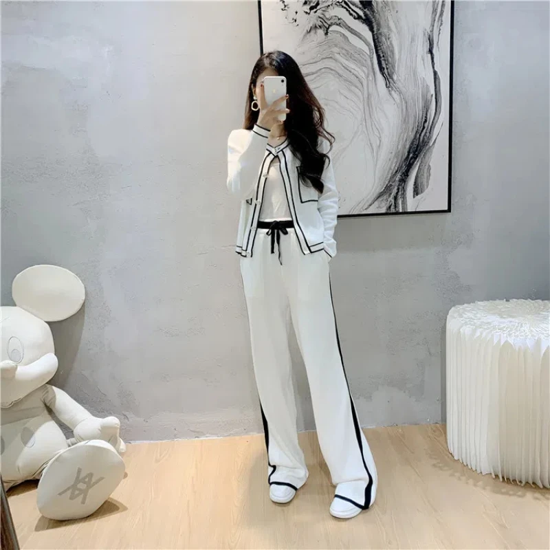 Autumn Women Elegant Pleated Two Piece Set Long Sleeve Bowknot Tops High Waist Wide Leg Pants Suit Female Casual Outfits