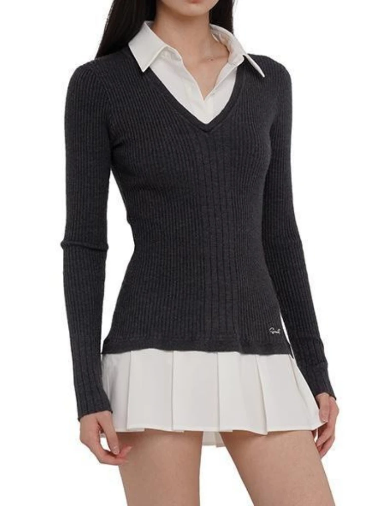 2025 ใหม่ฤดูใบไม้ร่วงปลอม 2 ชิ้นชุดเสื้อคอวีสไตล์จีบ A-Line แขนยาว Street Academic Slimming ชุดมินิ