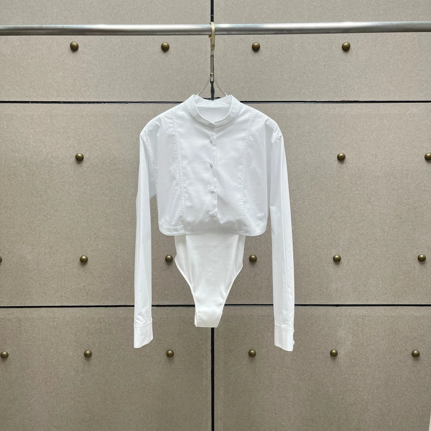 2026 Early Spring Women's White Two-Piece Paneled Bodysuit | Stand Collar, Cropped Shirt Overlay & Long Sleeves