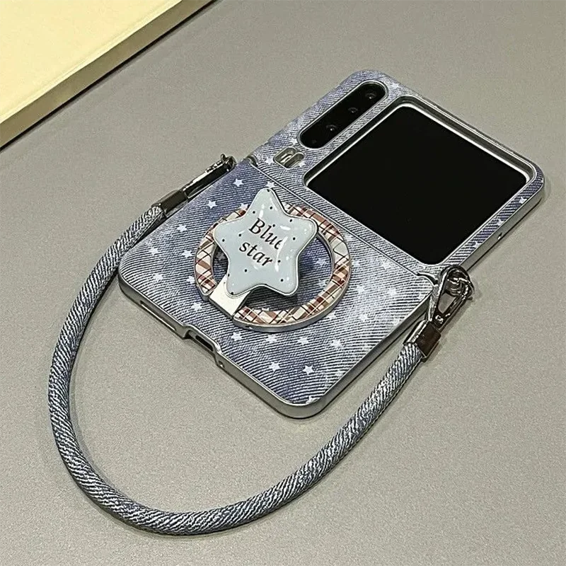 

Retro Blue Denim Magnetic Phone Case with Star Stand & Lanyard For Samsung Z Flip 7 6 5 / Mix Flip / Magic V Flip 2 / Pura X