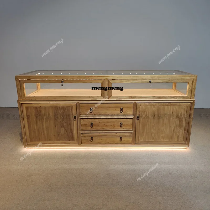 Hot sales Old Elm Jewelry Display Cabinet Jewelry Container Retro Wenwan Jade Display Cabinet Glass Zhongdao Counter