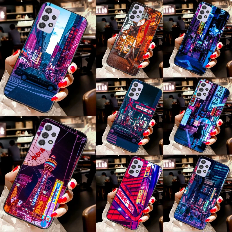 Neon Blue Cyberpunks Tokyo Street Case For Samsung A52S A12 A22 A32 A52 A72 A34 A70 A51 A71 A54 A13 A33 A73 A53 Back Cover