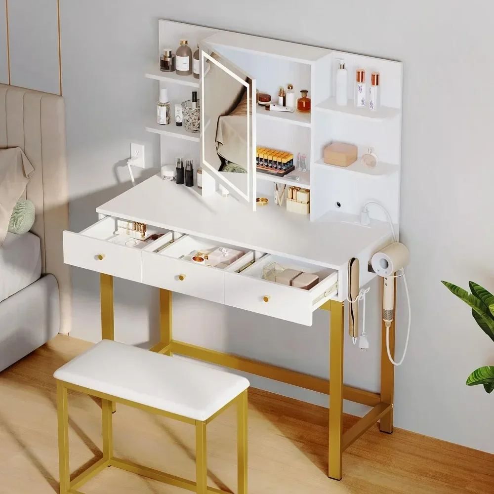 

ad Adjustable 3 Lights Modes Useful Things for Home Organizer Vanity Table With Hidden Storage Shelves and 3 Drawers Plastic Box