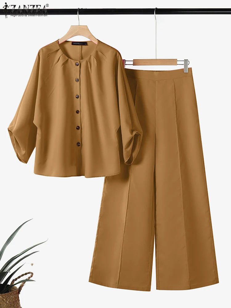 

ZANZEA 2PCS Outfits Women Spring Pant Sets Elegant Work Matching Sets Casual O Neck 3/4 Sleeve Pleated Blouse Trousers Suits