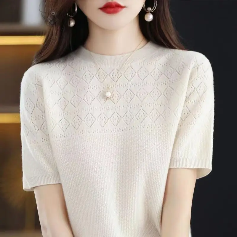 Vintage Fashion Women Knitted T-Shirt Summer Hollow Out Breathable Tees Female Clothing Short Sleeve Loose Pullover Casual Tops