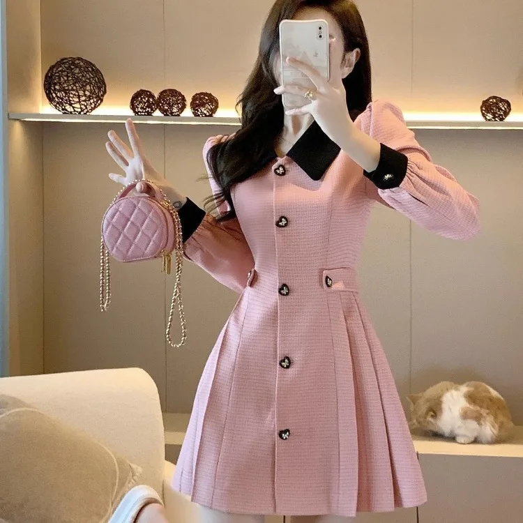 Korejepo French Small Fragrant Dress Women Pink Autumn New Waist Thin Senior Explosion Commuter Jacket Sweet Chic Dresses