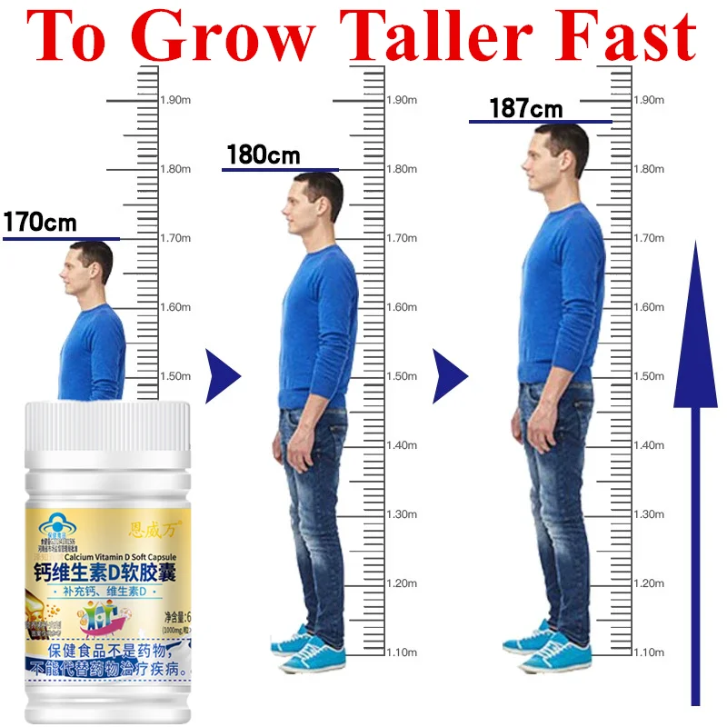 60 pcs Height Growth Calcium Vitamin D Pills Natural Vegan Capsules To Grow Taller Bone Strength Height increase Without Growth