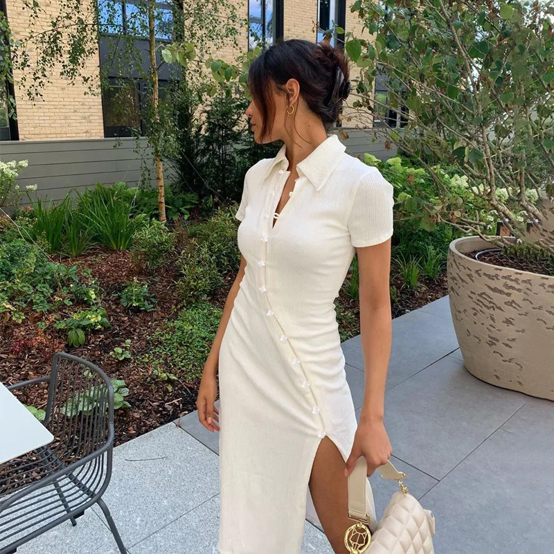 New women\'s temperament commuting shirt collar button slanted edge slit long dress solid color splicing