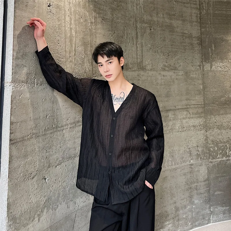 Summer Men Scarf V-neck See Through 3D Fabric Loose Casual Long Sleeve Dress Shirts Blouses Japan Harajuku Stage Clothing