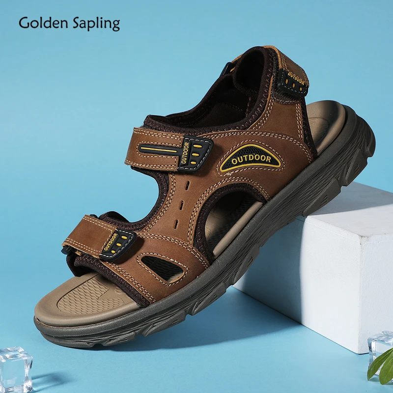 

Golden Sapling Summer Beach Shoes Genuine Leather Sandals Outdoor Men's Sandals Leisure Flats Retro Footwear Men Casual Moccasin